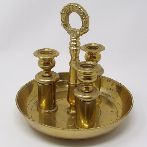 Vintage Neiman Marcus Brass Candlestick Holder Trio Candelabra with Handle Heavy - Picture 9 of 10